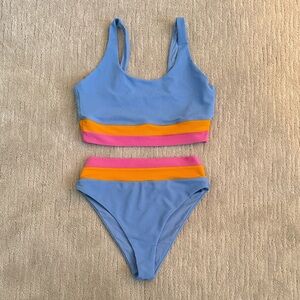 Beach Riot Light Blue Bikini with Pink and Orange Bands